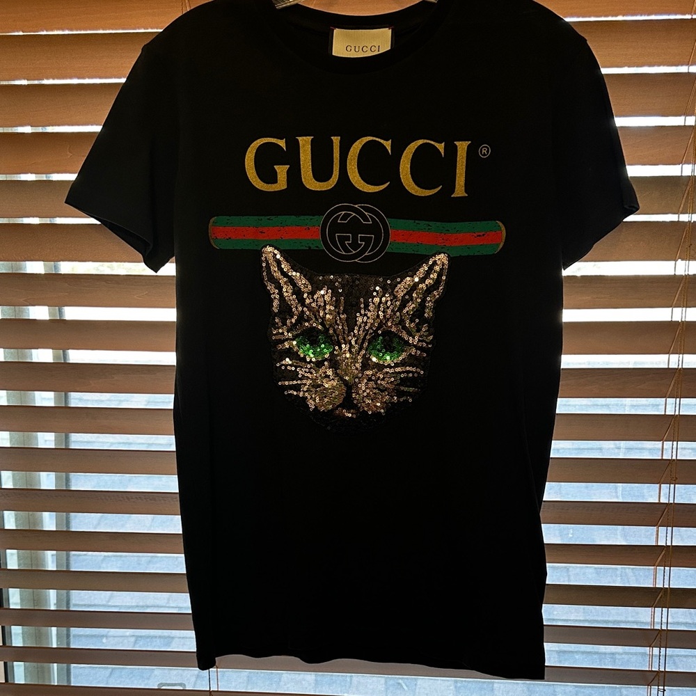 Gucci Black Tee with Sequin Cat Design